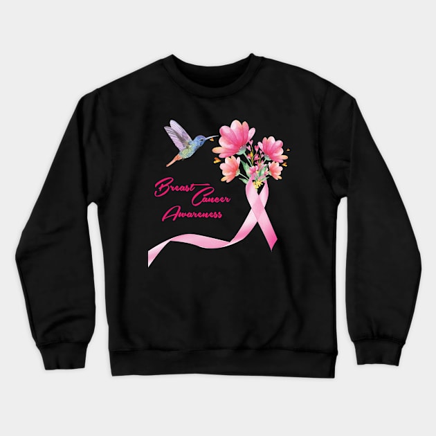 'Hummingbird With Flowers Pink Ribbon' Breast Cancer Gift Crewneck Sweatshirt by ourwackyhome